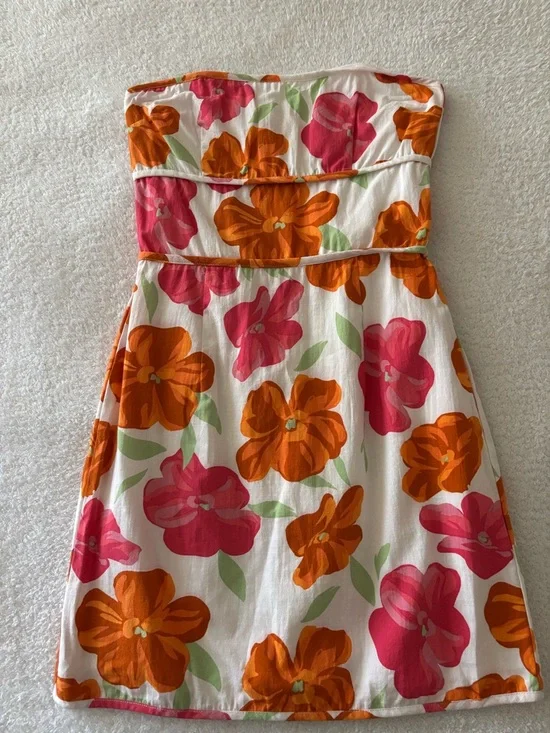SABO Strapless Floral Mini Dress in White with Pink & Orange Blooms Size XS - Picture 3 of 15